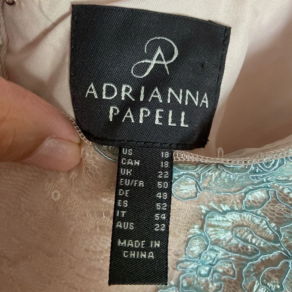 Adrianna Papell Cocktail Dress Blush Pink Baby blue Lace Fit & Flare Sz 18 READ